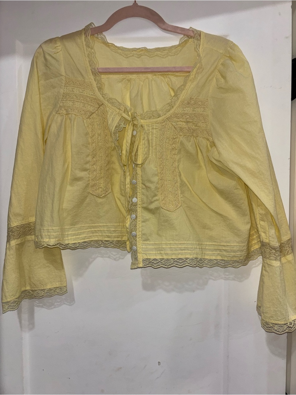 Lace-Trim Yellow Button Front Women's Blouse